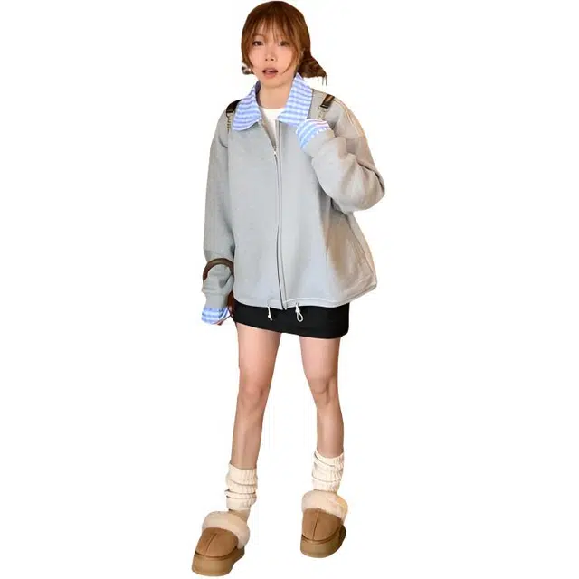 荟萃阁 韩系学院风开衫外套女宽松显瘦休闲百搭拼接格纹撞色翻领上衣卫衣 女款