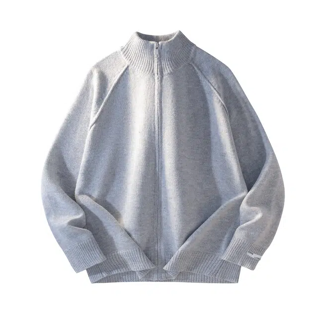 暴走的萝莉 美式复古潮流简约基础款纯色品牌车标休闲宽松日常通勤舒适长袖立领开衫插肩毛衣 男女同款