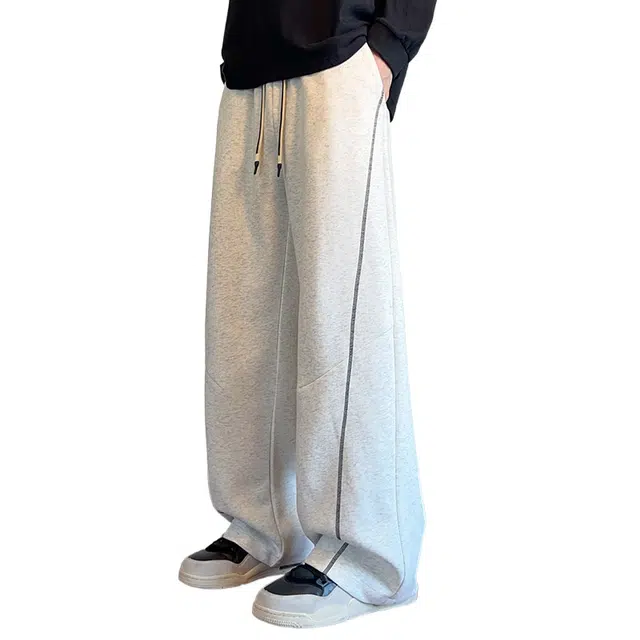 加荣 美式复古卫裤男款潮牌百搭直筒裤男装时尚高端阔腿裤男生黑白条纹设计感宽松慵懒感弯刀裤男士青少年高中学生运动长裤 男女同款