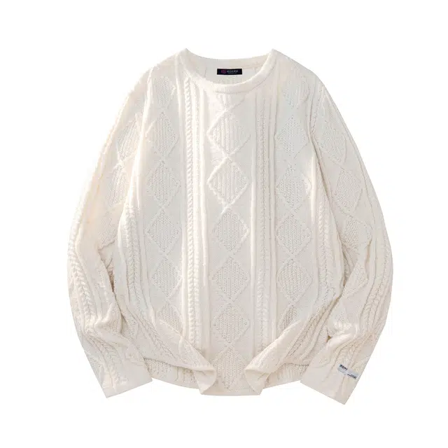 暴走的萝莉 美式复古潮流简约基础款纯色品牌车标条纹设计休闲宽松日常通勤舒适插肩长袖圆领毛衣 男女同款