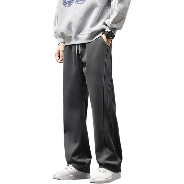 潮人榜 美式复古重磅拼接针织卫裤男款春秋宽松直筒阔腿水洗做旧长裤休闲裤 男女同款