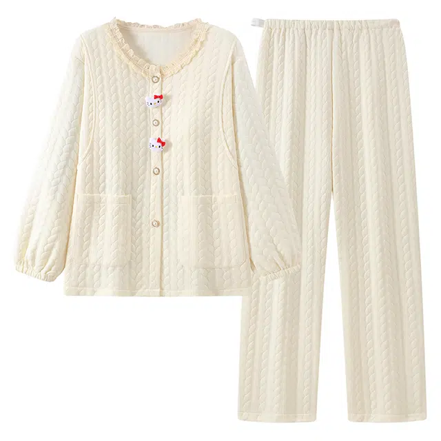 宫蝶 月子服保暖夹层棉产后哺乳带胸垫长袖产妇家居服可调节腰围睡衣套装 女款