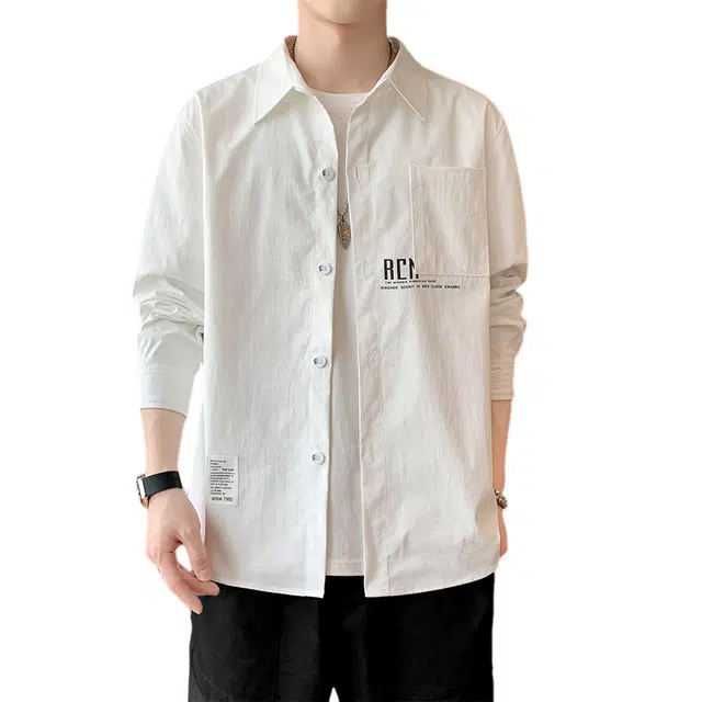 赛瀚 美式潮牌纯色翻领衬衫长袖男款春秋百搭舒适亲肤男装宽松上衣显瘦显高学院风青少年高街通勤时尚外穿外搭衣服 男女同款