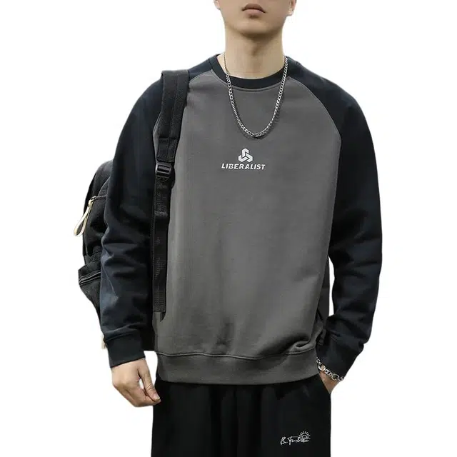 前进牛 秋季美式复古经典重磅极简风撞色插肩袖宽松大码潮流休闲户外百搭印花圆领卫衣 男款