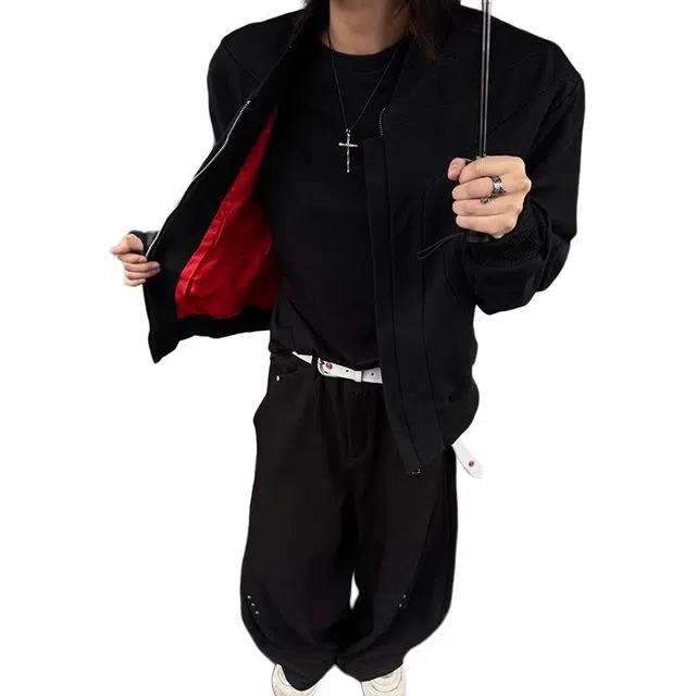 拓菲 秋季男重磅水洗黑红拼色设计硬挺美式潮流短款外套棒球服夹克 男女同款