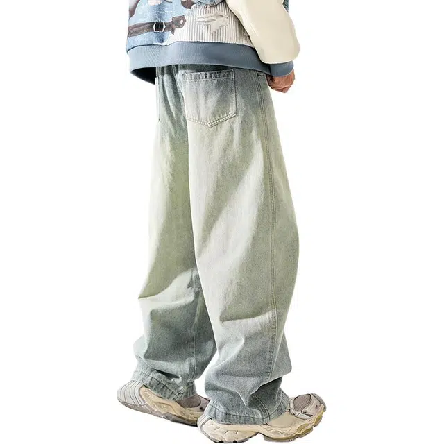 协协乐 美式复古渐变做旧水洗春秋季潮牌宽松直筒大弯刀阔腿垂坠感拖地裤青少年痞帅百搭休闲运动长裤牛仔裤 男款