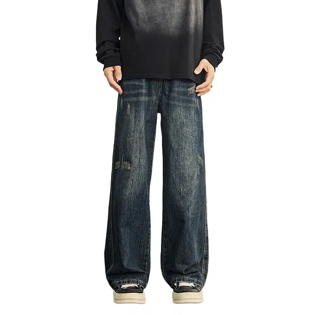 大格子与黑猫 深蓝色复古款刮烂宽松百搭直筒阔腿裤美式潮牌高街长裤牛仔裤 男女同款