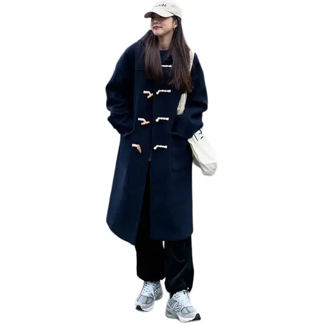 思蓓儿 牛角扣女中长款秋冬季加厚加棉连帽日系呢子毛呢外套大衣 女款