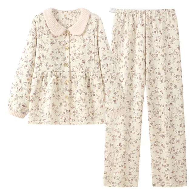 宫蝶 月子服保暖产后哺乳家居服夹层棉长袖带胸垫可调节腰围产妇睡衣套装 女款