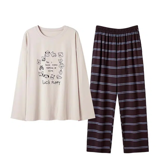 潞优野 简约时尚舒适休闲条纹可爱柔软 睡衣套装 男款