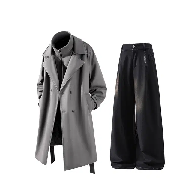 梓润格 美式复古户外旅游高级设计氛围感简约学院风个性舒适时尚潮流大衣老钱风翻领宽松仿牛仔长西裤高街明线直筒休闲运动套装 男女同款