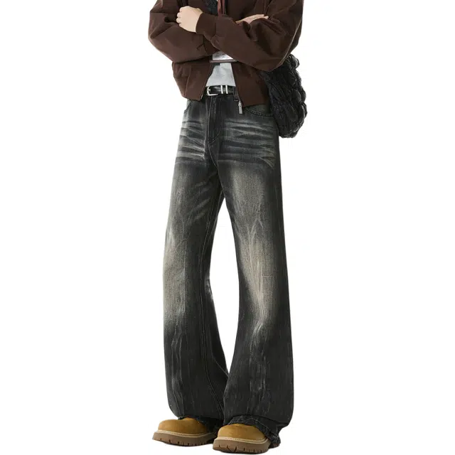 加荣 美式高街闪电纹微喇牛仔裤男秋季宽松直筒裤男潮流百搭弯刀裤男款时尚高端拖地裤男士水洗做旧阔腿裤青少年痞帅男装长裤 男女同款