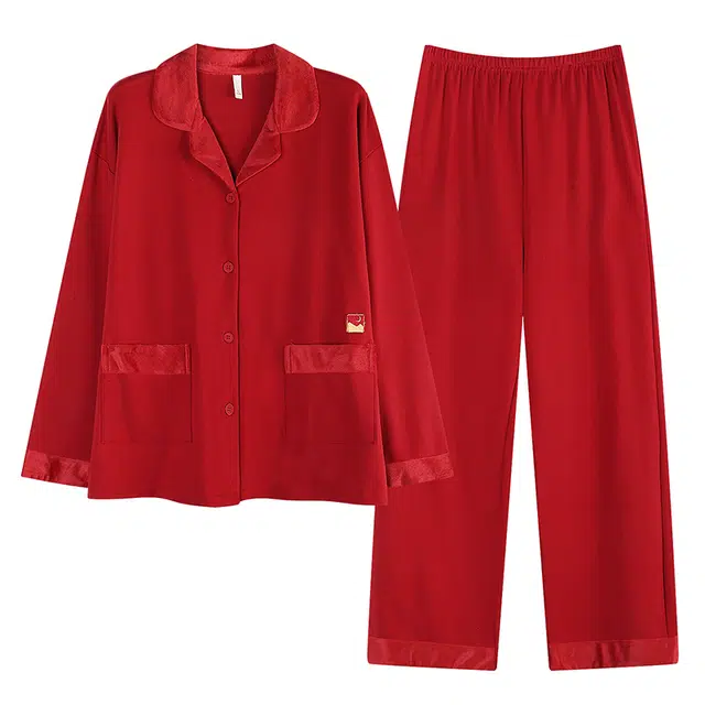 帕兰朵 春秋季纯棉长袖开衫大红色本命年结婚大码家居服可外穿女士睡衣套装 女款