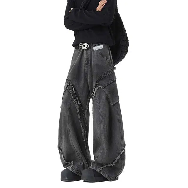 艾梵斯贝 美式复古潮流做旧重工毛边弯刀小众设计款无性别日常通勤百搭宽松休闲时尚高级感个性街头牛仔裤 男女同款