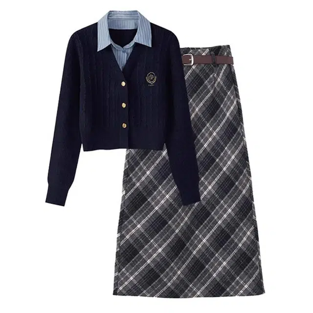 小卷要加油 秋冬季女时尚学院风假两件针织衫格纹半身裙两件套裙装套装 女款