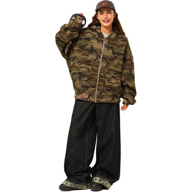 水中花 美式复古高街宽松休闲长袖迷彩户外工装开衫嘻哈外套舒适百搭时尚设计感街头潮酷高级感慵懒风气质连帽卫衣  男女同款