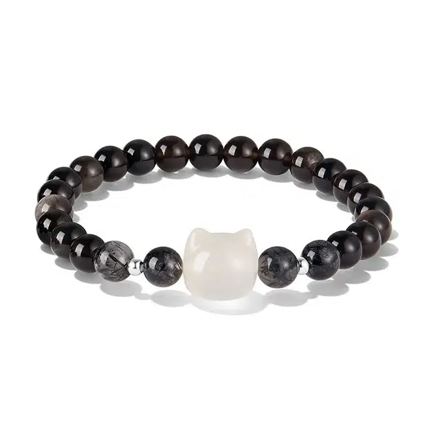 水贝 招财猫黑白萌猫新中式小众创意萌趣可爱多财多福爱情甜蜜佳偶天成礼盒#好运 黑曜石 手串 男女同款情侣款