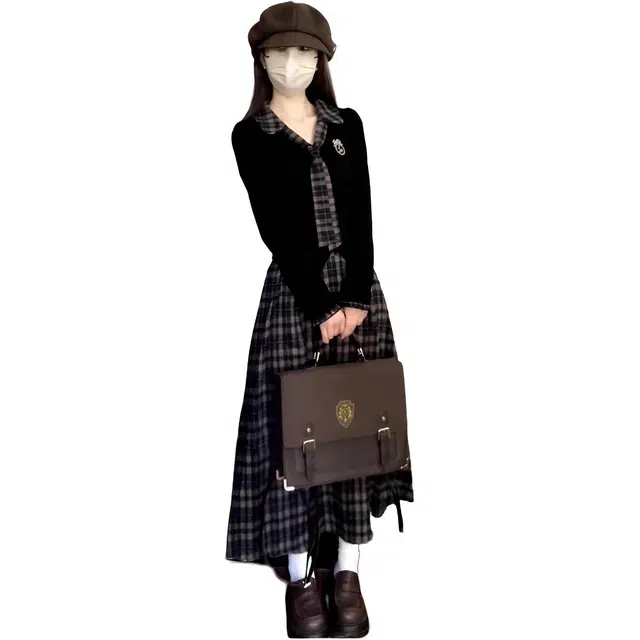 小卷要加油 韩系学院风黑色长袖格纹连衣裙子女早秋穿搭一整套长裙裙装套装 女款