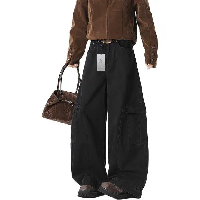 袋鼠 高个子加长版型长裤美式复古显瘦百搭基础款通勤阔腿裤高街工装迷彩裤休闲裤 男女同款