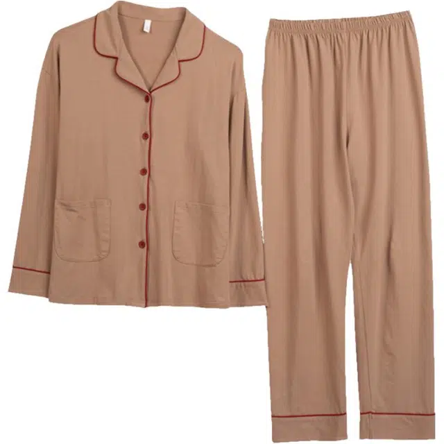 浮光岛屿 纯色简约口袋翻领高级感长袖长裤家居服舒适亲肤透气可外穿宽松休闲睡衣套装 女款 礼盒款 棕褐色