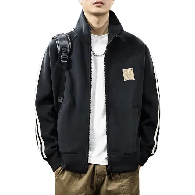 前进牛 秋季美式经典复古潮流潮牌重磅中性风开衫立领休闲户外外套宽松条纹运动百搭潮卫衣 男款