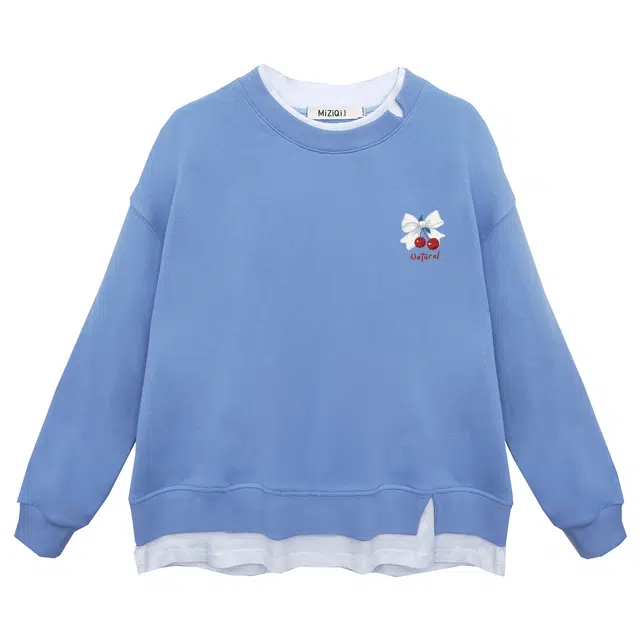 米子旗 假两件圆领套头宽松慵懒小个子韩系休闲卫衣 女款