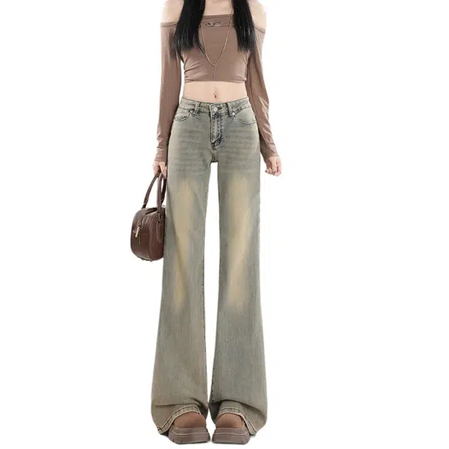 么宁 美式高街复古设计感微喇叭裤女宽松显高显瘦百搭长裤子牛仔裤 女款