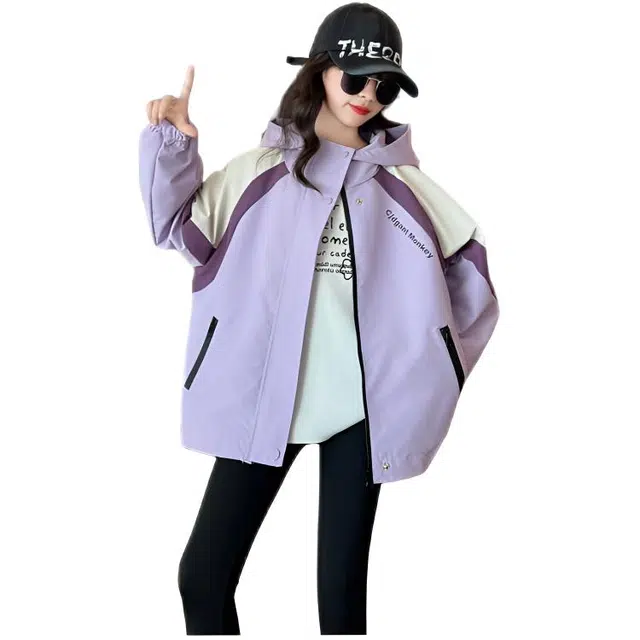 木木兔夹克 潮流时尚女童秋季外套 学生百搭休闲 三色拼接 宽松连帽 帅气 中大童 女孩 时髦洋气 青少年