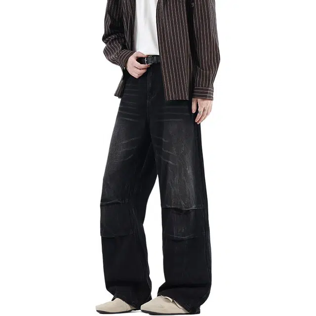 海尔斯 简约百搭中腰美式高街水洗直筒宽松牛仔裤 男款