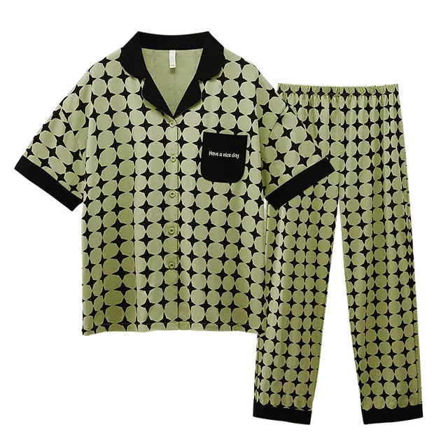 欧迪芬 高级简约短袖格纹常规翻领长裤睡衣套装 女款