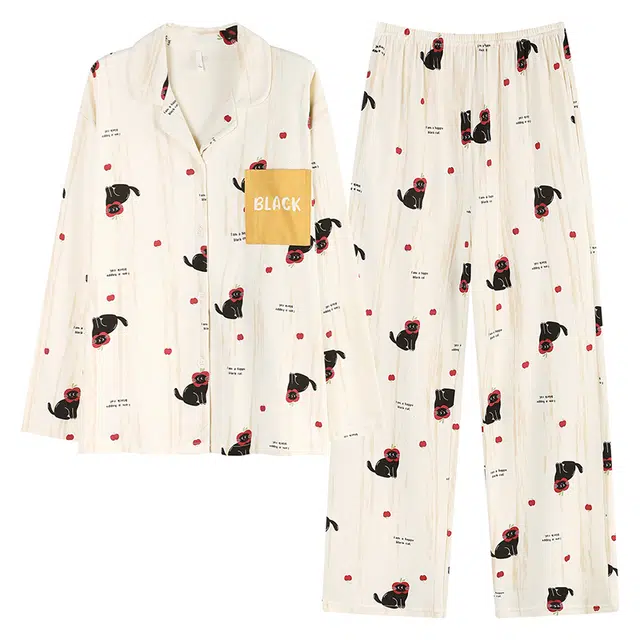 帕兰朵 纯棉女士春秋长袖长裤套装休闲开衫简约甜美家薄款可外穿家居服睡衣 女款