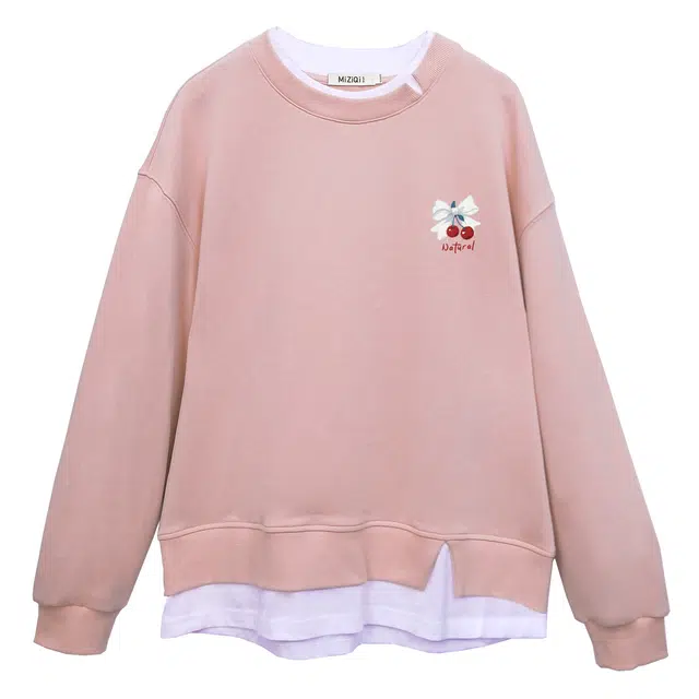 米子旗 假两件圆领套头宽松慵懒小个子韩系休闲卫衣 女款