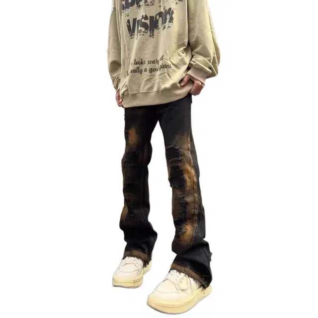 大格子与黑猫 美式刷漆做旧磨破补丁微喇叭宽松显瘦长裤牛仔裤 男女同款