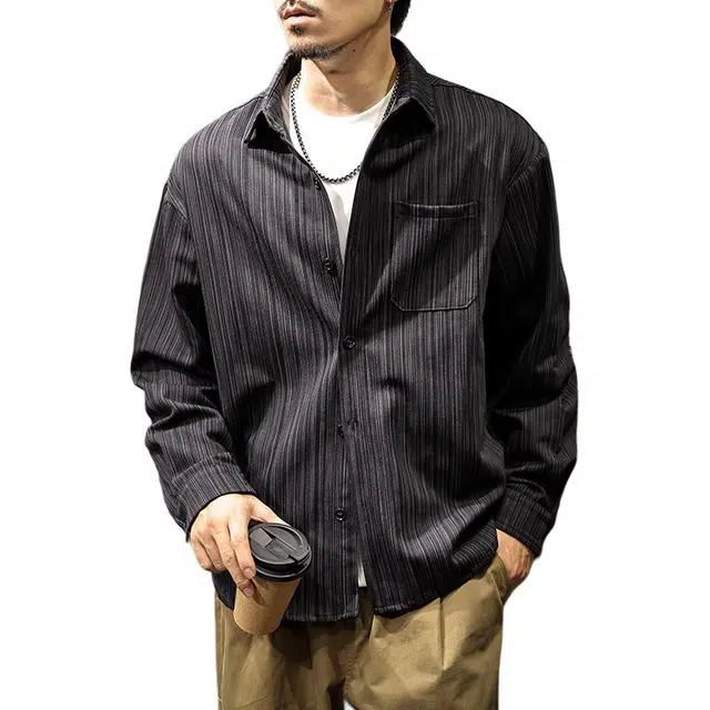 路杰邦 美式高端复古竖细条纹立领衬衣男长袖秋季休闲外套衬衫 男款