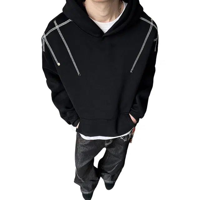 佐菲利 潮牌哈苏线拼接设计师款长袖上衣美式高街设计感重磅硬挺连帽卫衣 男女同款