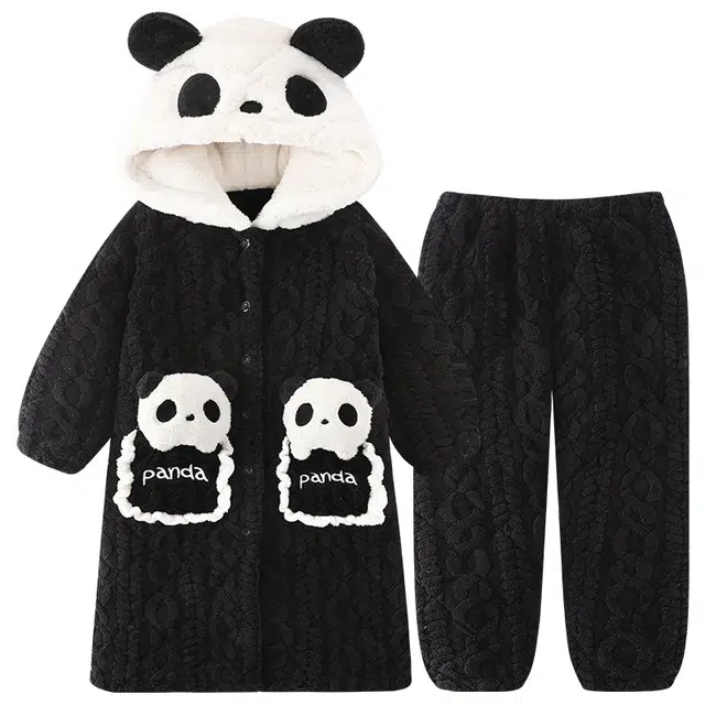 顶瓜瓜 珊瑚绒三层夹棉保暖加绒加厚长袖长裤连帽简约卡通大熊猫家居服冬季睡衣 女款