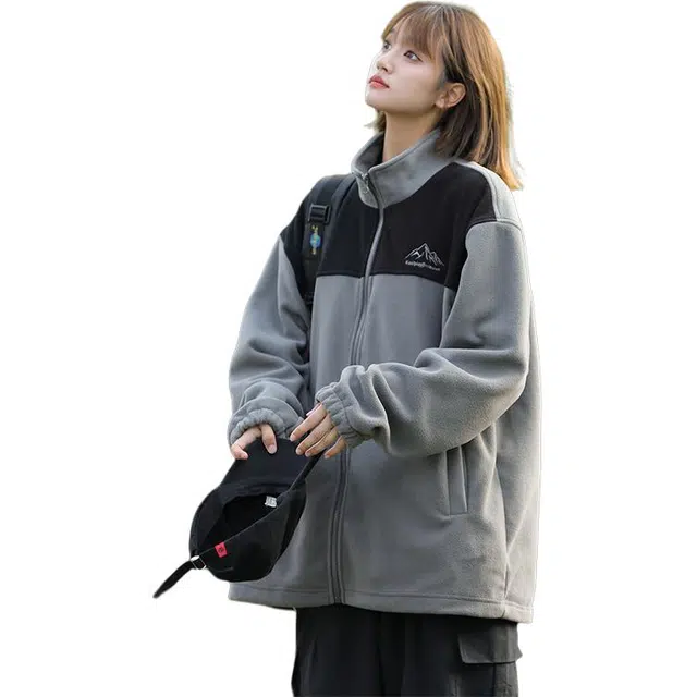 冈哉 日系撞色摇粒绒立领防风冬季毛感拉链开衫百搭长袖慵懒感潮搭垂感氛围感少年感青春柔软舒适外穿绒感外套 男女同款