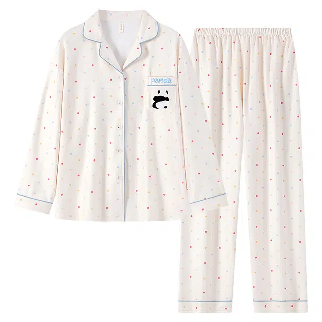 顶瓜瓜 德绒保暖加厚卡通波点熊猫长袖长裤休闲家居服睡衣套装 女款