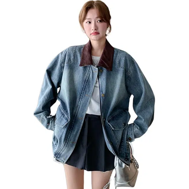 稻草人 宽松韩版复古休闲文艺做旧百搭潮流大版牛仔外套 女款