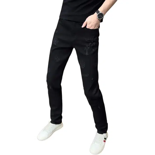 特斯型 秋冬刺绣男牛仔裤痞帅纯黑色潮男裤子长裤 男款