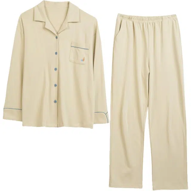 浮光岛屿 简约超柔软纯色翻领高级感长袖长裤家居服舒适亲肤透气可外穿宽松休闲睡衣套装 女款 礼盒装 米白色
