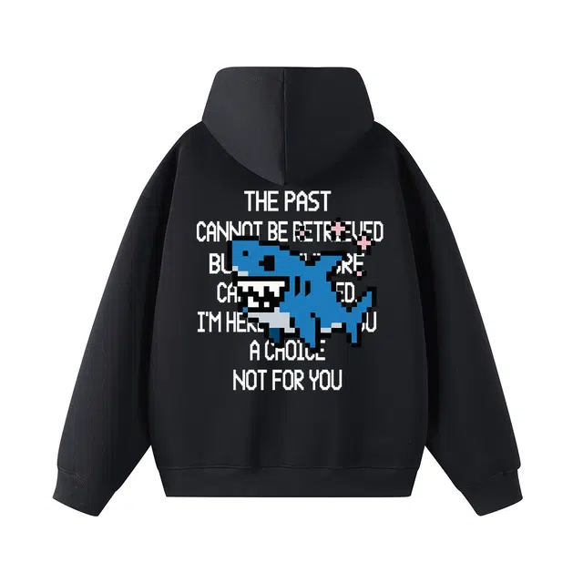 一人之下 美式休闲像素风可爱小鲨鱼字母印花设计宽松舒适高街春秋款落肩长袖连帽卫衣 男女同款