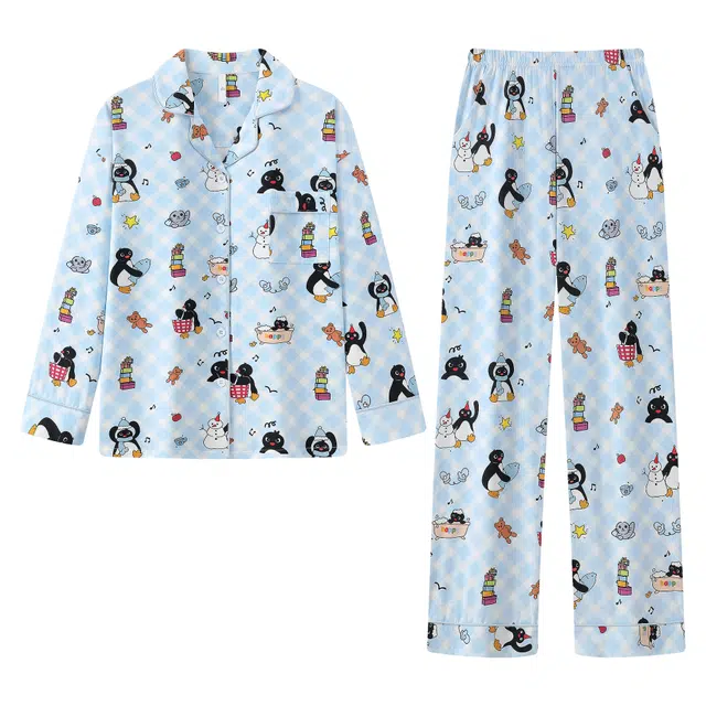 宫蝶 小企鹅纯棉长袖可爱家居服卡通休闲可外穿宽松开衫睡衣套装 女款