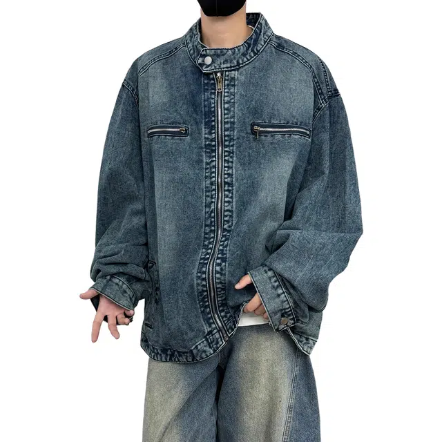 虫小绿 美式嘻哈水洗做旧小立领夹克高级感痞帅春秋季小众复古宽松休闲上衣纯色基础拉链设计开衫牛仔外套 男女同款