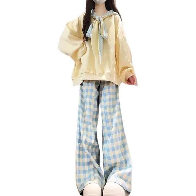 小卷要加油 学院风减龄运动女秋季韩版宽松连帽卫衣格子阔腿裤两件套 休闲套装 女款