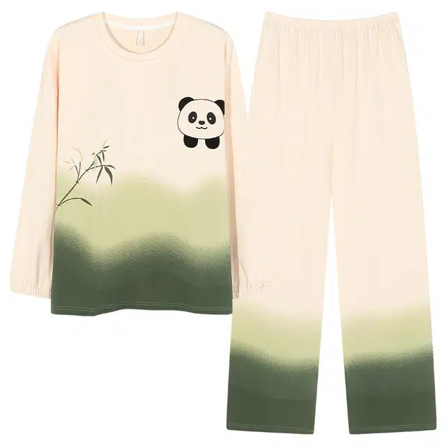 帕兰朵 女士纯棉秋冬款长袖长裤春秋季薄款可爱熊猫带胸垫家居服睡衣套装 女款