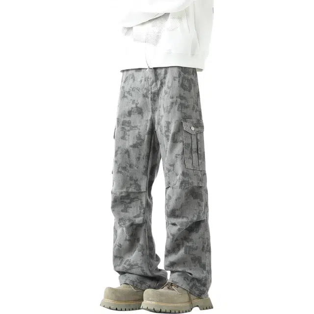 敦煌博物馆 美式高街迷彩扎染褶皱直筒微喇阔腿百搭休闲裤 男女同款