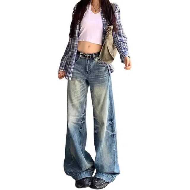 如续 美式复古水洗折痕纹理宽松阔腿裤潮流渐变斑斓猫纹直筒百搭拖地牛仔裤 女款