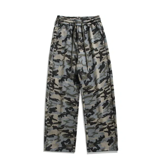 马员外 美式复古潮流迷彩户外褶皱日常通勤百搭高街宽松系带直筒垂感中腰长裤休闲裤 男女同款
