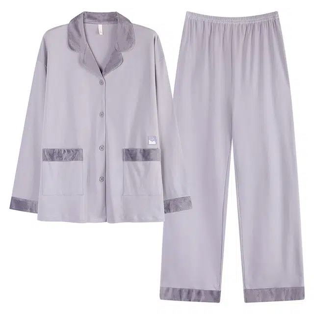 帕兰朵 女士薄款春秋季纯棉长袖休闲翻领开衫宽松全棉简约家居服睡衣套装 女款